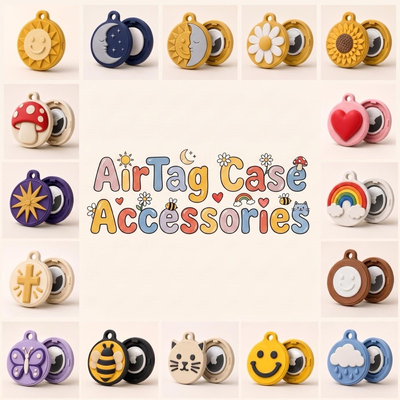 A collection of circular silicone AirTag cases featuring various embossed designs including a sun, moon, daisy, sunflower,