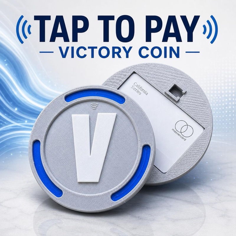 A circular gray Victory Coin with a large white letter V and blue accents, featuring a contactless payment symbol.