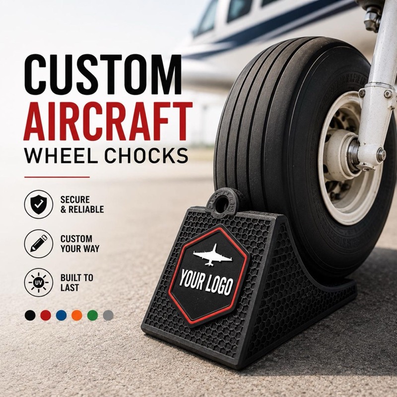 A black, triangular aircraft wheel chock with a honeycomb texture, featuring a central hexagonal emblem with a white airplane