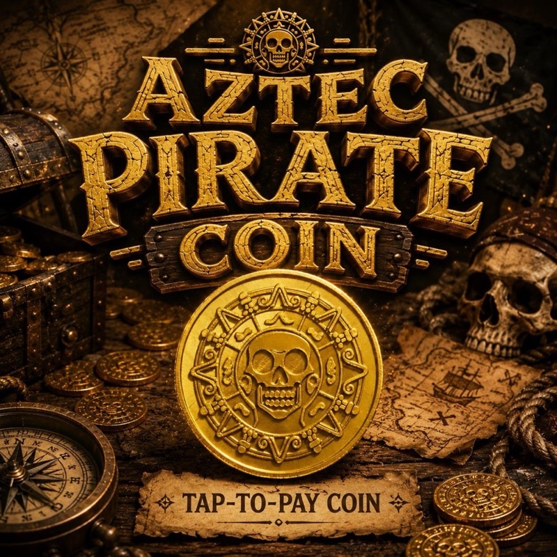 A gold coin with a skull design, surrounded by the words "Aztec Pirate Coin." The image includes a compass, treasure chests,