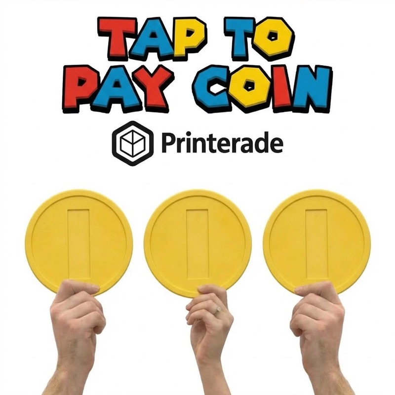Three yellow coin props with a rectangular design are held up against a white background.