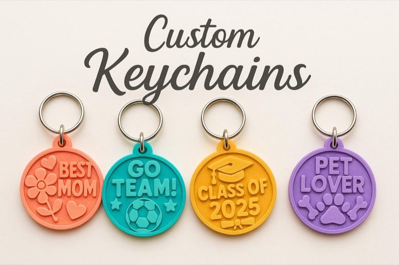 Four custom keychains with silver rings. The keychains are round and in orange, teal, yellow, and purple.