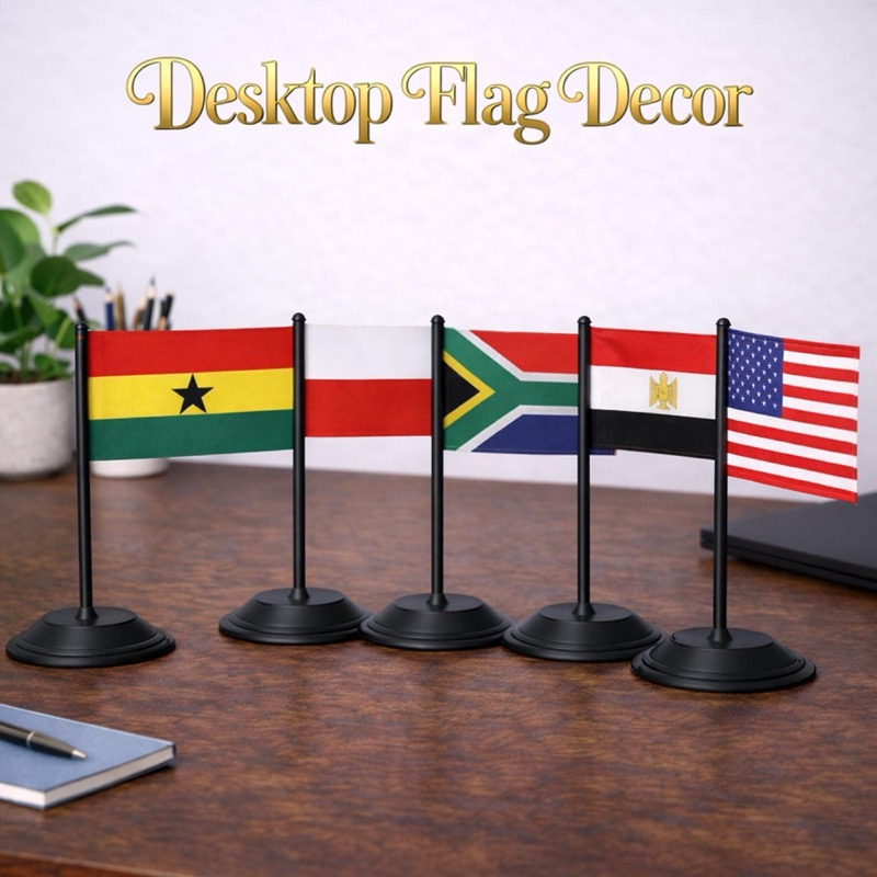 A collection of desktop flags, including Ghana, Poland, South Africa, Egypt, and the United States.