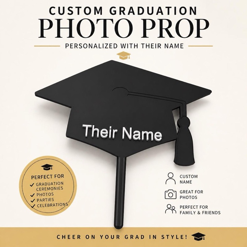 A black graduation photo prop in the shape of a mortarboard with the text "Their Name" in white.
