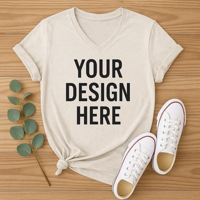 A cream-colored V-neck t-shirt with the text "YOUR DESIGN HERE" in bold black letters.