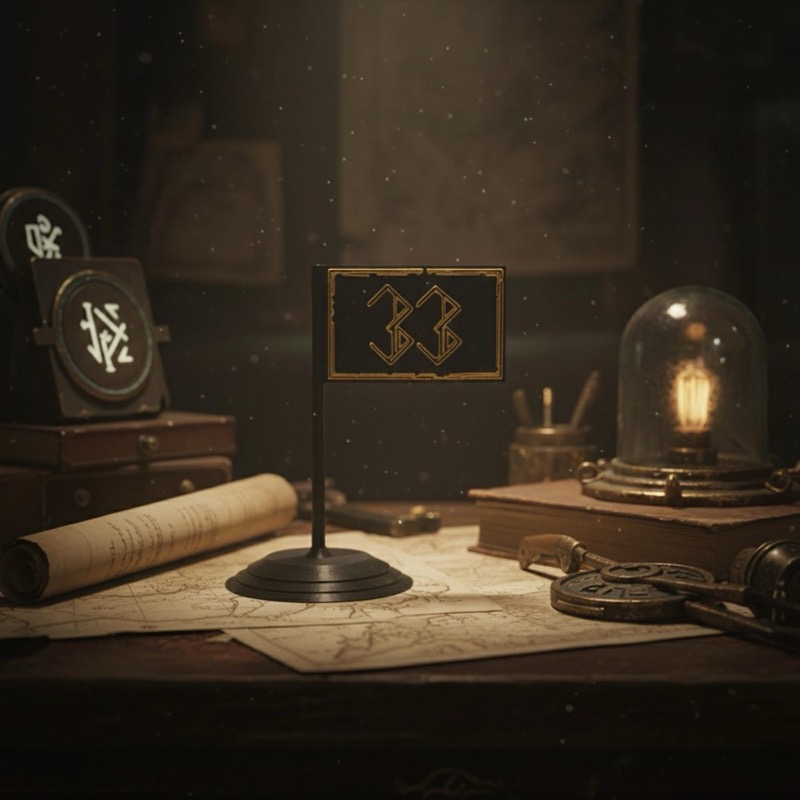 A black flag with the number "33" in gold, set on a desk with maps, books, and a vintage light bulb in a glass dome.