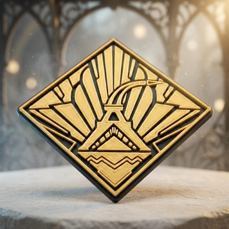 A gold and black geometric emblem with an Art Deco design.