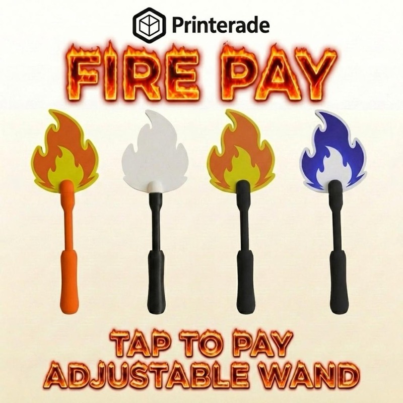 Four colorful "Fire Pay" adjustable wands. Each wand features a flame design in orange, white, and blue, with black handles.