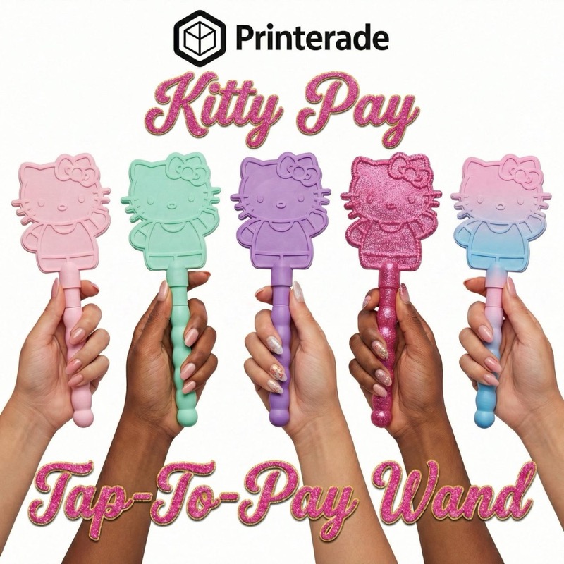 Five Kitty Pay tap-to-pay wands featuring Hello Kitty designs in light pink, mint green, purple, glittery dark pink, and a