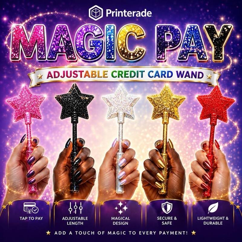Five adjustable credit card wands with star-shaped toppers in pink, black, silver, gold, and red glitter finishes.