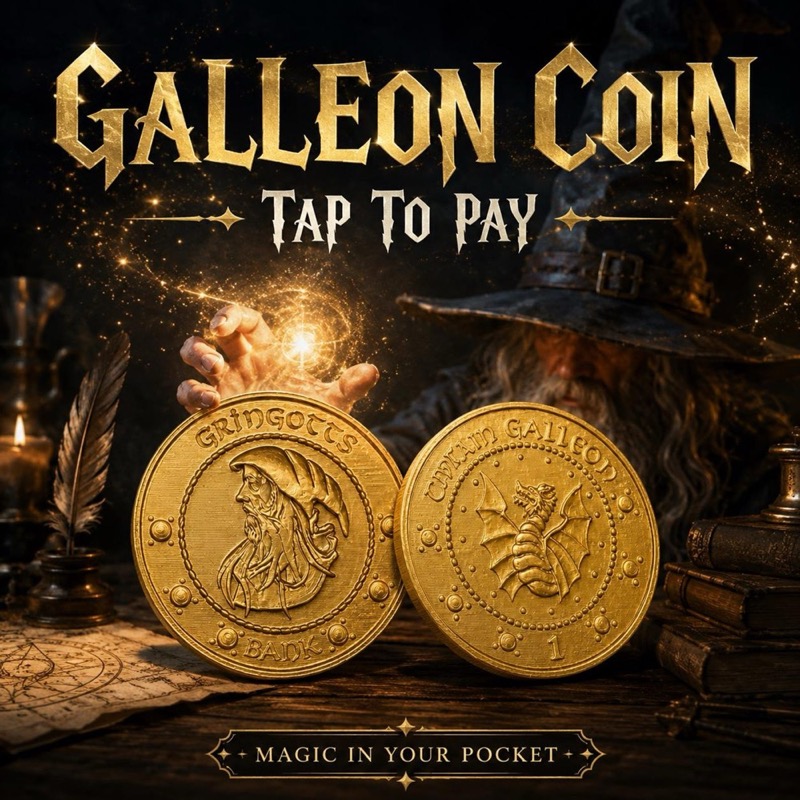 Two gold Galleon coins with detailed engravings, one featuring a wizard and the other a dragon.