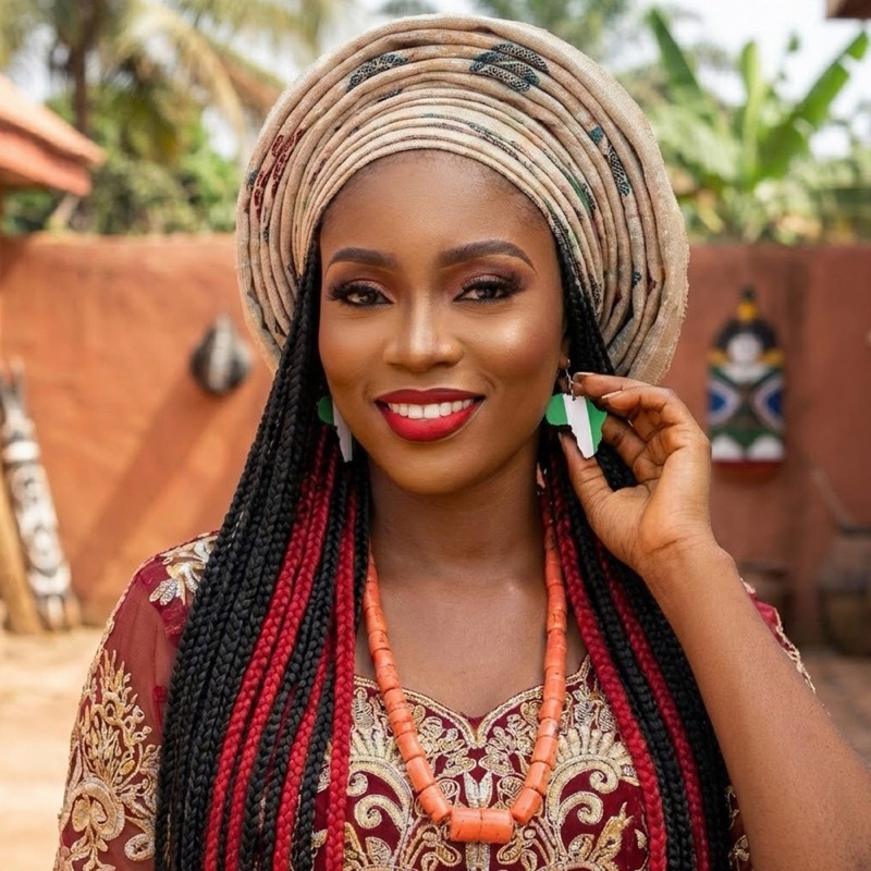 A woman wearing a traditional Nigerian head wrap and dress. Her hair is styled in long braids with red highlights.