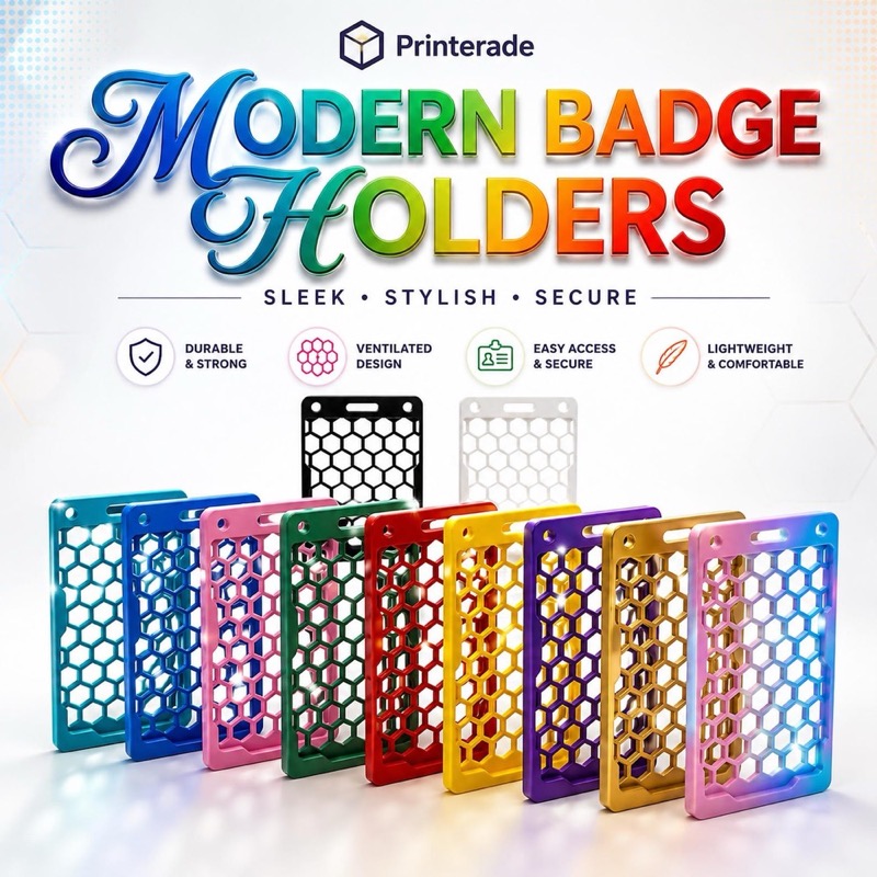 A collection of rectangular badge holders featuring a honeycomb pattern in various colors including teal, blue, pink, green,
