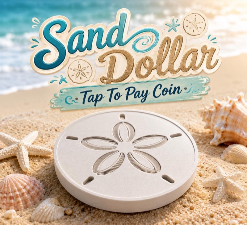 A round, off-white tap-to-pay coin featuring a debossed five-petal flower design on its surface.