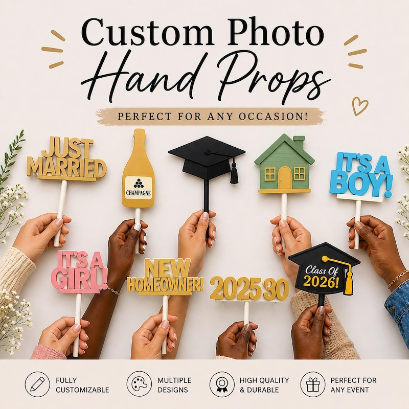 Custom 3D printed photo booth hand props, personalized signs by Printerade